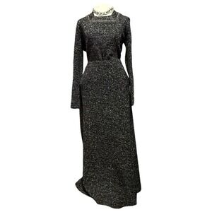 Vintage 1970s Starry Night Black & Silver Metallic Maxi Skirt Lurex Set Goth L